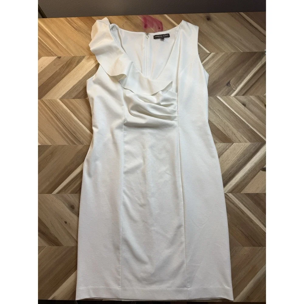 Adrienne Vittadini Sleeveless Sheath‎ Dress White Ruffle Ruched Sz 10 Elegant